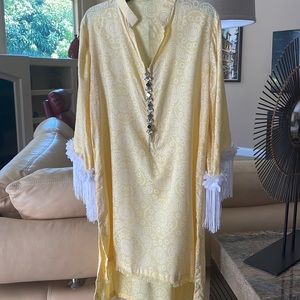 Brand new yellow bandni print kameez with mirror details on neckline 1piece
